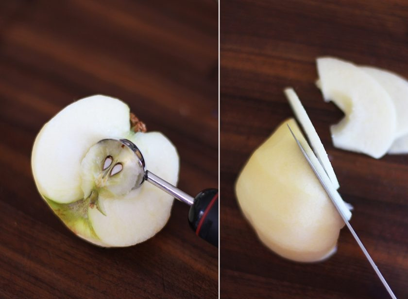 1. Этап. Самый яблочный пирог: 2. Удалите аккуратно сердцевину, а также хвостики. Срежьте кожуру. Нарежьте каждую половинку тонкими кусочками.