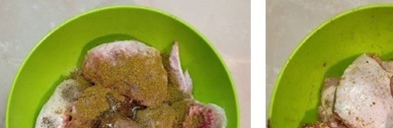 1. Этап. Курица с кабачками под чесночной корочкой: Добавить соль, перец, приправу, немного подсолнечного масла и хорошо перемешать.