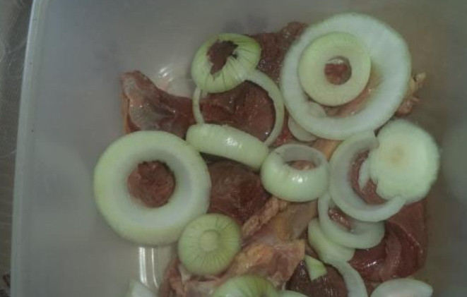 1. Этап. Шашлык из гуся: Перекладываем гусятину в глубокую емкость. Сверху выкладываем лук порезанный колечками.