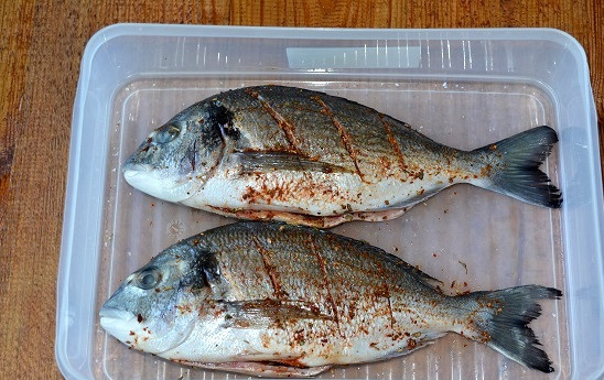 1. Этап. Дорадо на мангале: Посолите и натрите рыбу специями. Выложите в удобный контейнер.