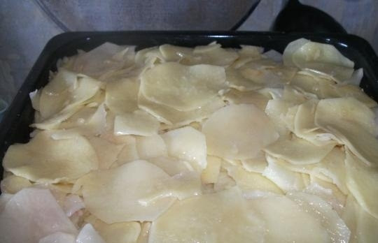 1. Этап. Кабачки по-венски: 7. На смазанный противень уложить картофель, посолить и смазать растительным маслом.