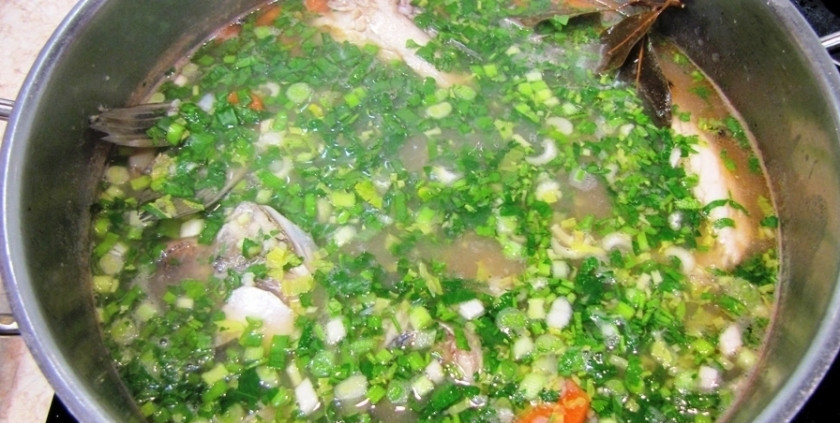 1. Этап. Уха из головы сазана: В первую очередь мы кладем в бульон картофель и варим его 5 минут. Затем Добавляем голову сазана, пшено, лавровый лист и перец горошком. Варим уху еще 15 минут и только потом добавляем морковь и томатную пасту, солим и держим на огне 5 минут. В конце приготовления засыпаем зелень и выключаем огонь, даем настояться 10 минут.