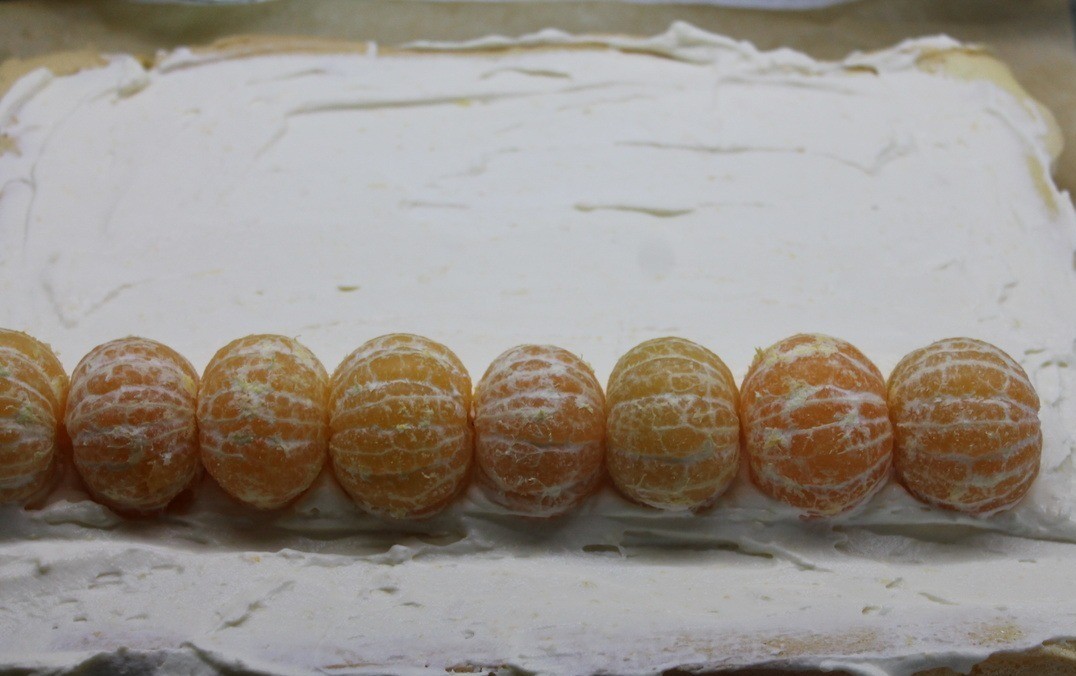 1. Stage. New Year's Mandarin Roll: Now you can assemble the roll. Spread some of the cream on one side of the biscuit. Step back a little from the edge and place the tangerines one by one. Smear a little cream on top as well.