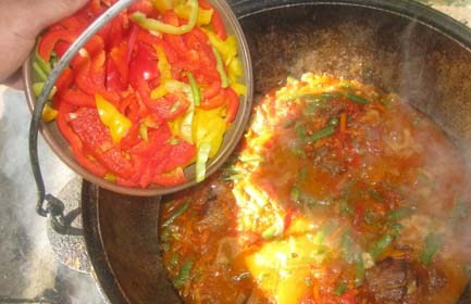 1. Этап. Лагман с капустой: Добавьте нарезанные помидоры, прокипятить 5-7 минут. Добавить перец.