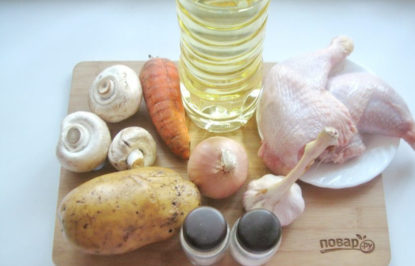 1. Этап. Курица с грибами в казане: Подготовьте ингредиенты для приготовления курицы с грибами в казане.