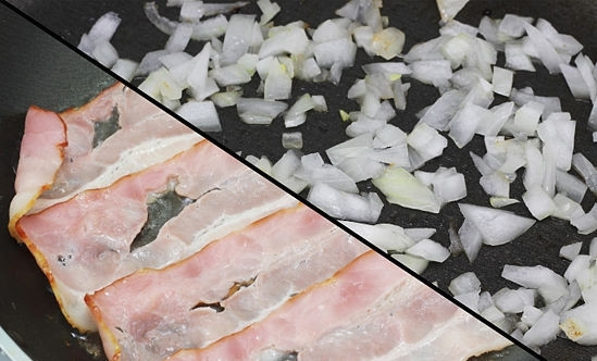 1. Этап. Салат из картофеля без майонеза: Лук и бекон обжарить.