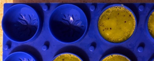 1. Этап. Сферические смузи-снежки из киви: 4. Заливаем в половину формы для сферического льда. Примечание: инструкция к формам не прилагалась, так как это формы только для льды, а не для густого смузи.