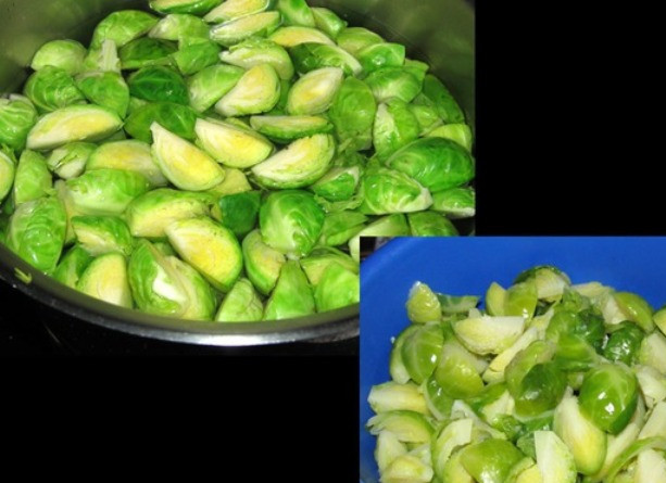 1. Этап. Салат с капустой, яблоками и брюссельской капустой: Брюссельскую капусту разрежьте на 4 части и проварите в кипящей воде минут 10. Затем обдайте холодной водой и откиньте на дуршлаг.