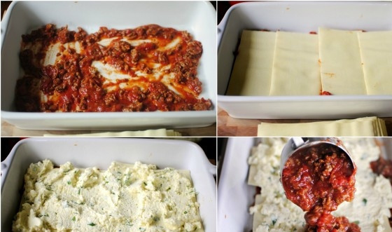 1. Этап. Лазанья Барилла: 13. На дно подходящей жаропрочной формы выложите немного мясного соуса, распределите его равномерно. Следом выложите листы лазаньи. Примерно треть сырного соуса выложите ровным слоем, а сверху выложите снова мясной.