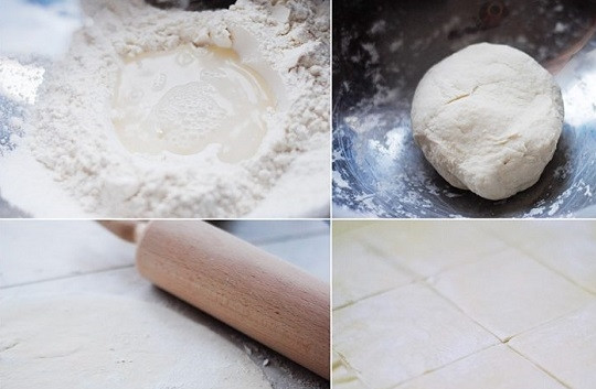 1. Этап. Борщ с ушками: 6. Из теплой воды, муки и щепотки соли замесите крутое тесто. Дайте ему минут 30 отдохнуть, а затем тонко раскатайте и нарежьте небольшими квадратиками.