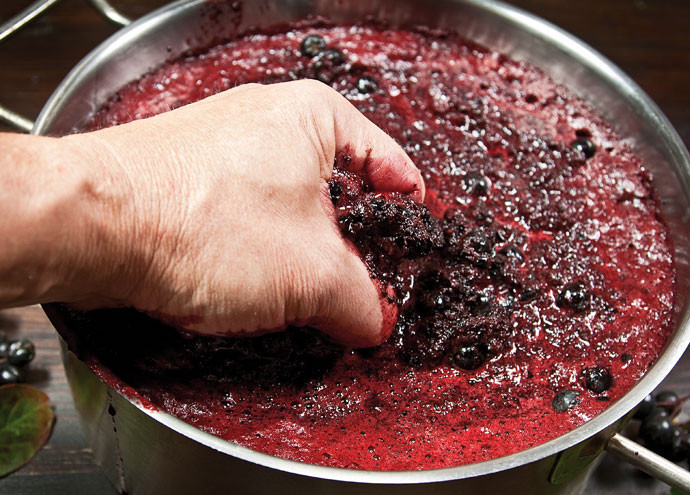 1. Этап. Вино из рябины: 2. Ягоды выложите в большую емкость и начните сильно разминать. Лучше всего это делать именно руками, не используя технику.