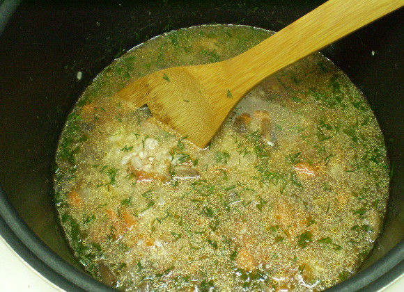 1. Этап. Овощной плов с грибами: 7. Добавляем укроп, соль, воду. Закрываем крышку и готовим в режиме 