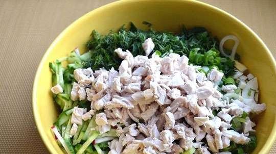 1. Этап. Окрошка (классический рецепт) на кефире: Заранее отварите вкрутую яйца и курицу до готовности. Остудите и нашинкуйте продукты. Добавьте их к овощам вместе с мелко нарезанной зеленью.