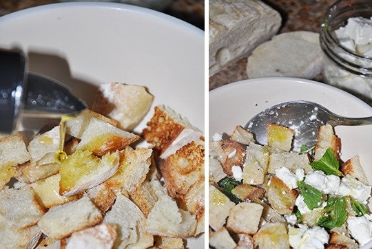 1. Этап. Суп из гороха: 6. Добавьте немного масла, соли, специи по вкусу, кубики сыра и по желанию пару листочков мяты. Налейте суп в тарелку, выложите сухарики с сыром и сразу же подавайте к столу.