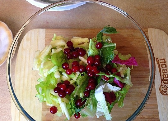 1. Этап. Свежий салат с сельдереем, яблоком и клюквой: 5. Выкладываем все ингредиенты в салатник. Добавим клюкву, щепотку соли и оливковое масло. Перемешиваем.