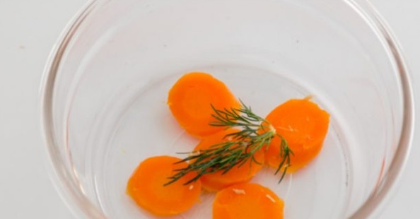 1. Этап. Холодец с курицей: 6. Выложите в миску немного моркови, добавьте веточку укропа.