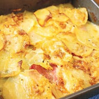 Canadian Bacon, Potato, and Swiss-Chard Gratin