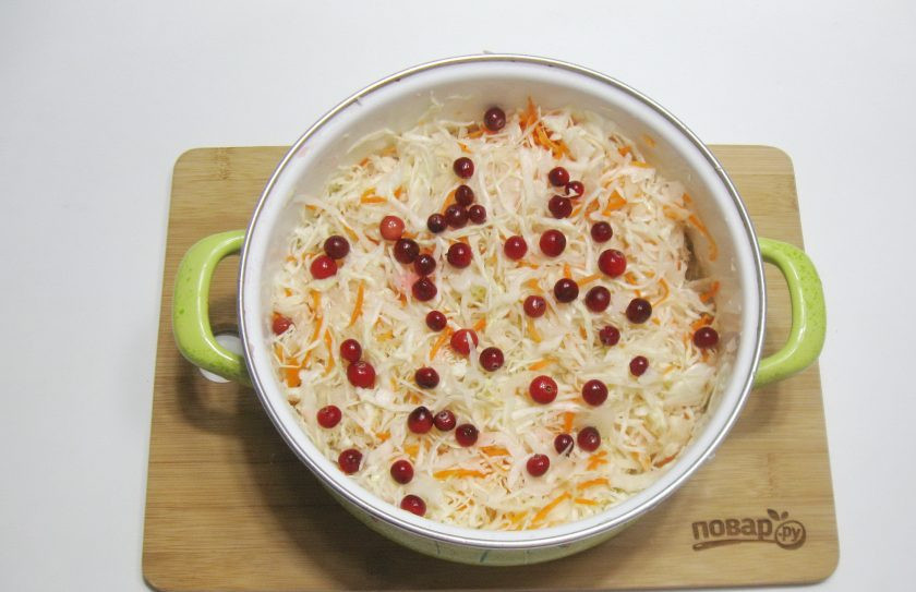 1. Этап. Квашеная капуста с брусникой: Бруснику помойте и добавьте в капусту с морковью. Приготовьте рассол из расчета на 1 литр воды 1 столовая ложка крупной соли. Охладите рассол и влейте в капусту. Накройте кастрюлю крышкой, но не полностью, чтобы был доступ воздуха. Оставьте в комнате на трое суток. Каждый день перемешивайте капусту несколько раз, чтобы выходил газ, который образуется в процессе брожения.