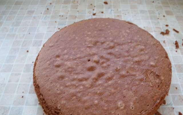 1. Этап. Торт Рыбка: Для бисквита: взбейте яйца с сахаром, добавьте муку, просеянную с разрыхлителем и какао. Постепенно введите растительное масло и кипяток. Выпекаем корж и даем ему остыть.