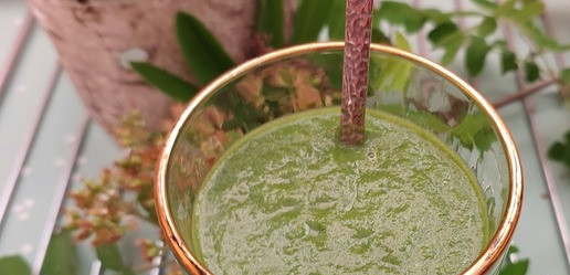 1. Этап. Шпинатно-щавелевый смузи с плодово-ягодным пюре: Сверху можно присыпать чем-нибудь вкусненьким. Но можно этого и не делать. Смузи и без этого интересный.