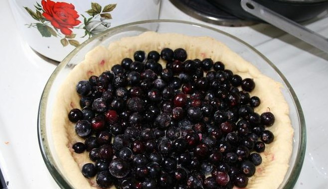 1. Этап. Торт со свежей смородиной: Отправьте форму в разогретую духовку минут на 15-20. Тем временем делаем заливку: оставшиеся яйца взбиваем с сахаром (около 150 грамм), добавляем сметану, крахмал и можно еще ванилин по вкусу. Все тщательно перемешиваем, чтобы комочков не было. Из духовки вынимаем форму и выкладываем ягоды.