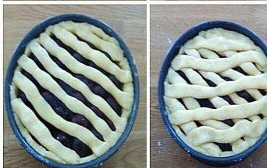 1. Этап. Сладкий пирог с черешней: 4. Из оставшегося теста сделайте полоски и оформите «решетку» на поверхности пирога. Хорошо закрепите концы полосок из теста.