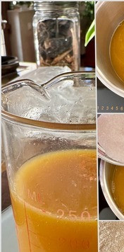 1. Этап. Торт морковный постный: В чем главное отличие? Это – крем! Крем был приготовлен без сливочного масла, сгущёнки, сыра и т. п. продуктов. Сок. Можно взять апельсиновый, например. Свежевыжатый. У меня в закромах нашелся только фабричной выделки апельсин с манго. Попробовал. Не противно. Его и взял. Сок в кастрюльку, кастрюльку на плиту. Нагрев средний. Немного подогрел. Не забывать постоянно помешивать. Чтобы, значит, не пригорело ничего. Добавил в сок сахар. Надо постоянно помешивать и не давать кипеть. Замечу. В зависимости от сладости сока надо регулировать кол-во сахара. У меня сок фабричный, как я уже говорил, сладкий довольно. Поэтому я уменьшил сахар. Взял не девяносто, как рекомендовано в рецепте, а семьдесят. Как только сахар разошелся добавил манку.