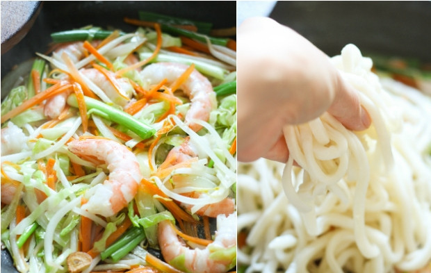 1. Этап. Лапша Удон с морепродуктами: В отдельной емкости сварите креветки в подсоленной воде. Когда они поменяли цвет, доставайте их и отправляйте в сковороду с овощами. А пока креветки 