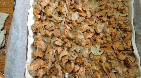 1. Этап. Пирог с грибами из слоеного бездрожжевого теста: 7. Сверху выложить грибы, разровняв их по поверхности.