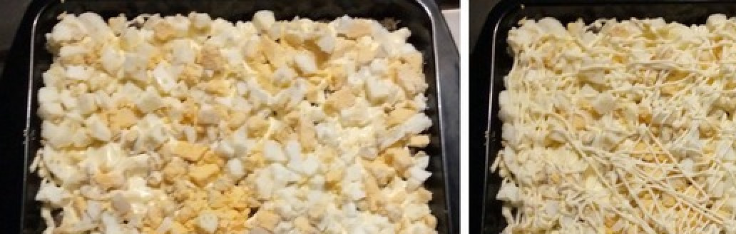 1. Этап. Салат Грибоза: Яйца отварить вкрутую. Очистить, нарезать крупным кубиком или ломтиком. Выложить следующим слоем, покрыть майонезом.