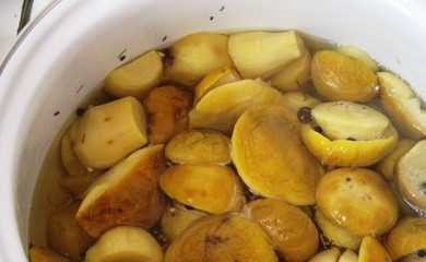 1. Этап. Маринованные грибочки: Варите боровики в маринаде в течение 15 минут.