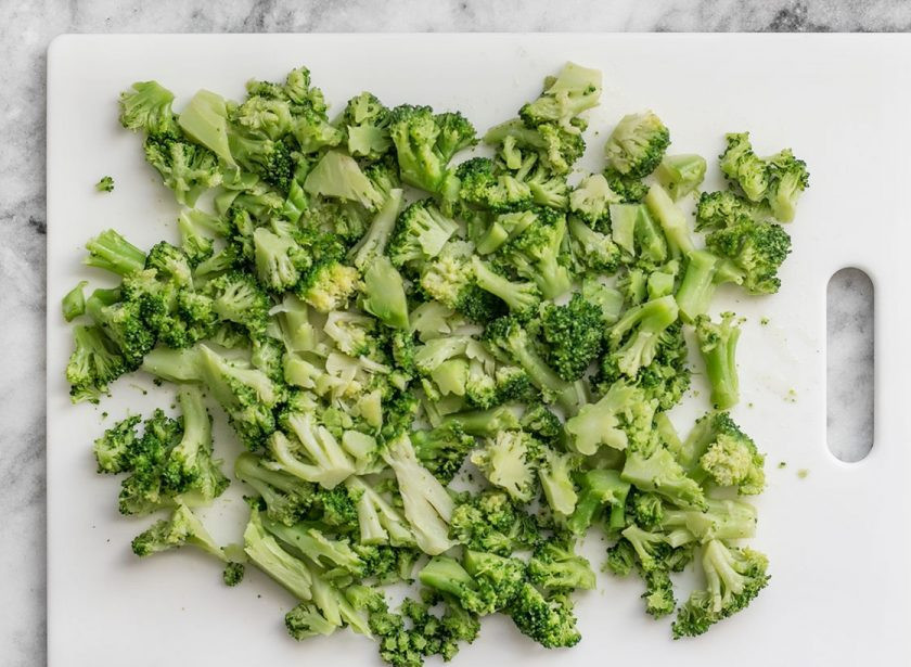 1. Этап. Киш с брокколи и сыром: 3. Перенесите брокколи на разделочную доску, нарежьте небольшими кусочками.