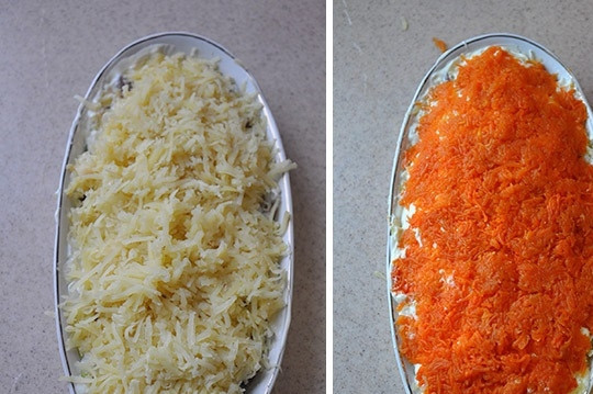 1. Этап. Простой рецепт Селедки под шубой: 5. Следом - картофель, который нужно подсолить и смазать майонезом, и морковь.