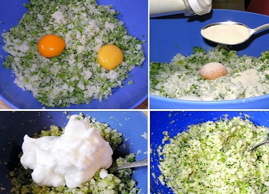 1. Этап. Оладьи из брокколи и цветной капусты: 2. К измельченным овощам добавьте желтки и манную крупу. Посолите и поперчите по вкусу. Перемешайте и оставьте минут на 5. После добавьте муку и взбитые белки. Аккуратно перемешайте.