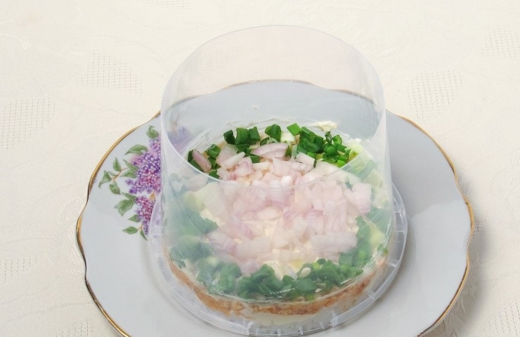 1. Этап. Салат Мимоза с рисом и сыром: 5. На рыбные консервы выкладываю репчатый лук, а края посыпаю зеленым луком.