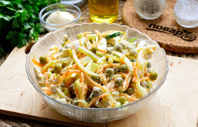 1. Этап. Салат Обалденный с куриным филе: Перемешайте все ингредиенты, затем салат поставьте в холодильник пропитаться на 20-25 минут.