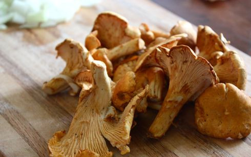 1. Этап. Пирог с лисичками и сыром: 2. А тем временем можно заняться начинкой. На сковороде разогреть оливковое масло и обжарить измельченный лук. Грибы вымыть, обсушить, нарезать мелко и тоже добавить на сковороду. Посолить, поперчить и жарить до готовности. При желании в рецепт приготовления пирога с лисичками и сыром минут за 5 до конца жарки добавить на сковороду измельченный шпинат.