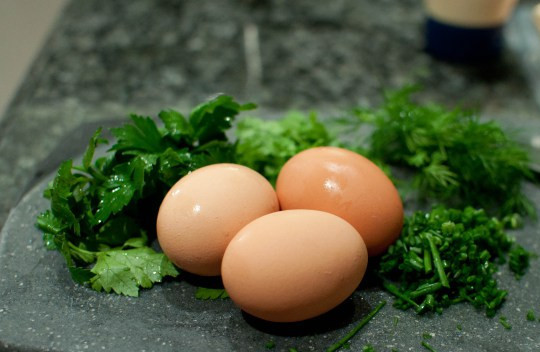 1. Этап. Омлет с зеленью: 1. Рецепт приготовления омлета с зеленью настолько прост, что с ним в состоянии справиться даже ребенок. Использовать можно абсолютно все – петрушку, укроп, шпинат, базилик и прочее, что оказалось под рукой.