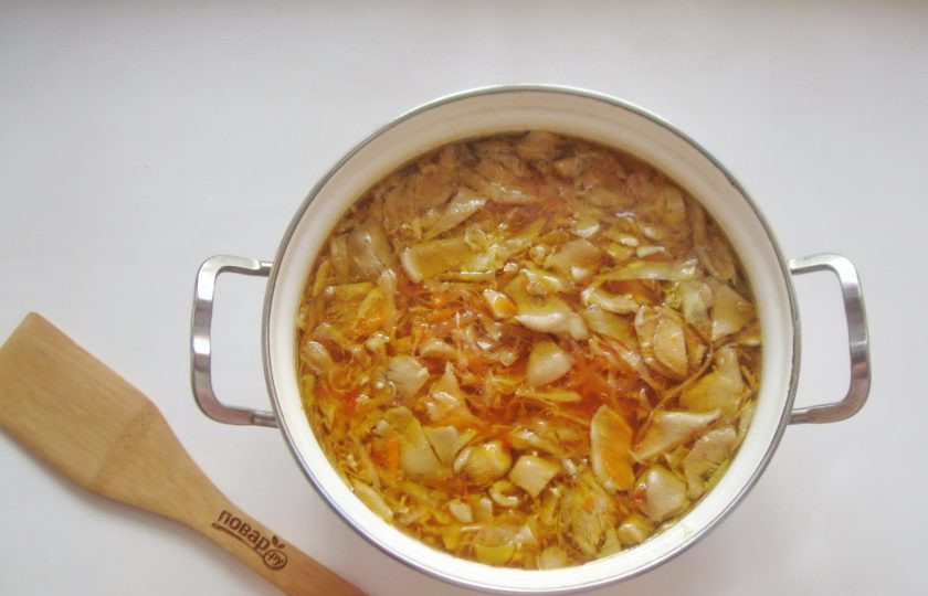 1. Этап. Борщ с вешенками: Борщ посолите и поперчите, добавьте лавровый лист. Варите до готовности всех ингредиентов.