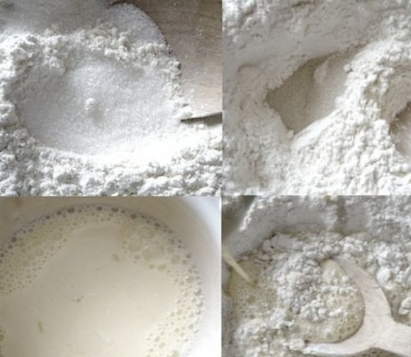 1. Этап. Тесто для пампушек: Перетрите дрожжи с сахаром и солью. Влейте в них теплое молоко и небольшими порциями, постоянно помешивая, вводите муку. Когда тесто будет слегка держать форму, приступайте к следующему этапу.