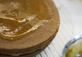 1. Этап. Торт Прага по ГОСТу: Верхний корж обмажем абрикосовым джемом, поставим тортик в холодильник на пару часов.