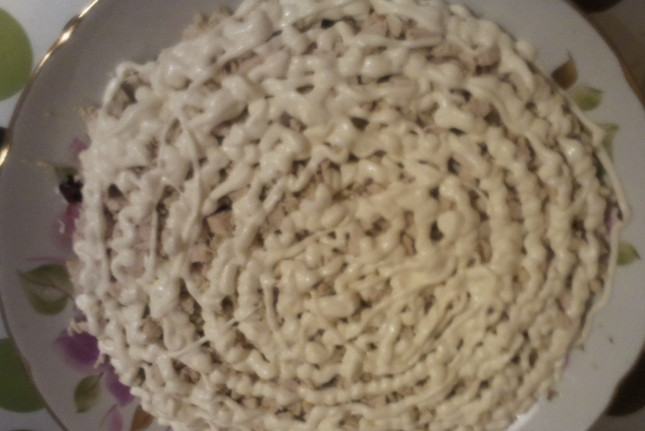 1. Этап. Белая береза (салат с черносливом): Кладем куриное мясо, порезанное кусочками. Обильно смазываем майонезом.