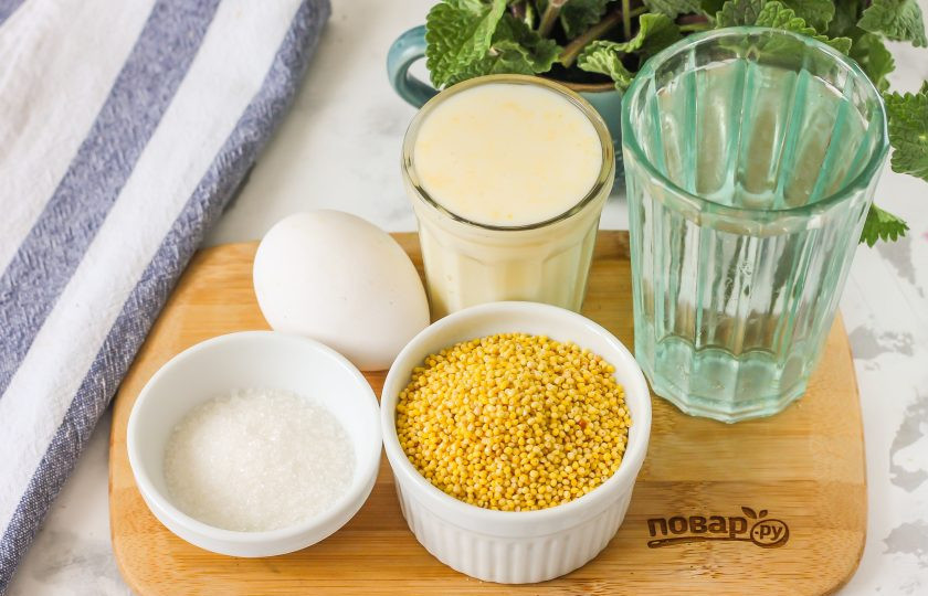 1. Этап. Пшенная каша с яйцом: Подготовьте указанные ингредиенты. Если молоко не жирное, то добавочно приготовьте 20 грамм сливочного масла.