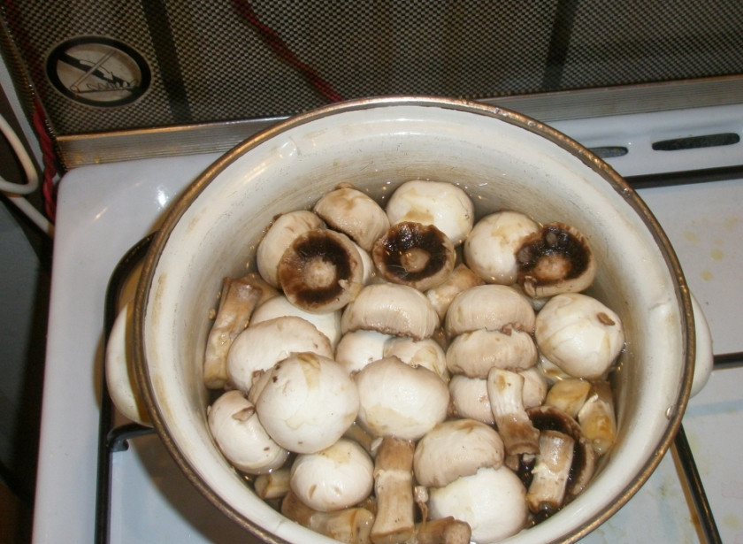 1. Этап. Телятина с грибами в сметане: Шампиньоны тщательно промойте и отварите в подсоленной воде 10 минут.