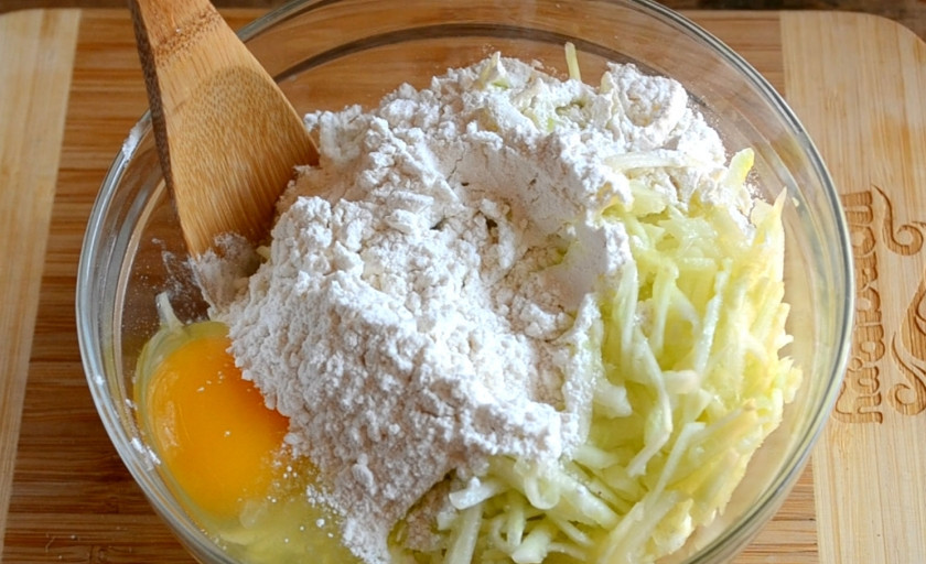 1. Этап. Драники из кабачков: Добавьте муку и яйцо, посолите и хорошенько перемешайте.