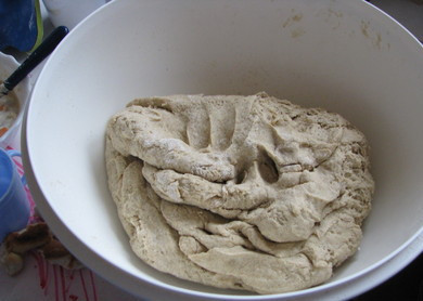 1. Этап. Бурятские шаньги: 3. Влейте сначала примерно половину молока, начните понемногу перемешивать тесто. Оно должно быть мягким, эластичным и достаточно крутым. Накройте мисочку с тестом, уберите ее в холодильник на ночь.