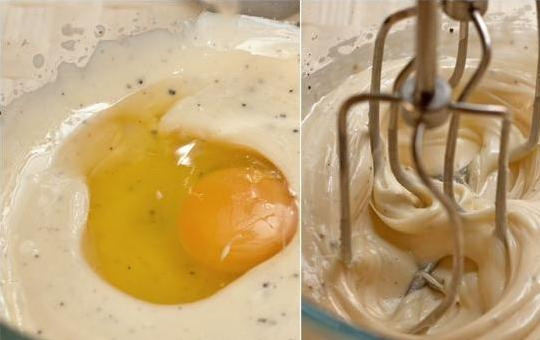 1. Этап. Печеночный пирог: 2. Далее добавьте к этой смеси 1 яйцо и продолжайте взбивать до получения легкой кремообразной консистенции.