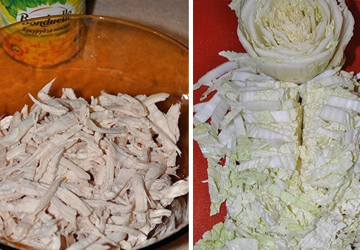 1. Этап. Пекинская капуста с курицей и огурцом: 2. Итак, нарезаем куриное филе и капусту соломкой. Отправляем в емкость, в которой будем смешивать салат.