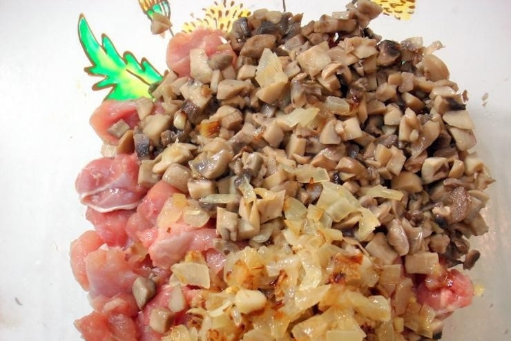 1. Этап. Голень куриная фаршированная: 4. В миске смешиваем обжаренные грибы, лук и сырое мясо, солим и перчим по вкусу.