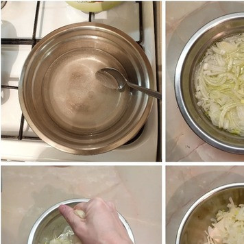 1. Этап. Салат Любавушка: Из указанных ингредиентов приготовить маринад и кипящим раствором залить лук. Оставить его мариноваться на 8-10ч. После этого лук отжать и выложить в глубокую миску.